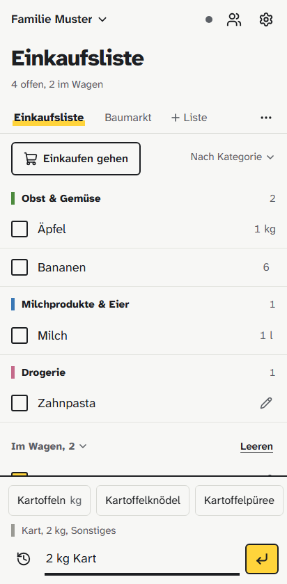 Die Eingabezeile mit einem getippten Eintrag und Vorschlägen darunter