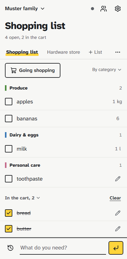 The family list with items grouped by category and two items in the cart