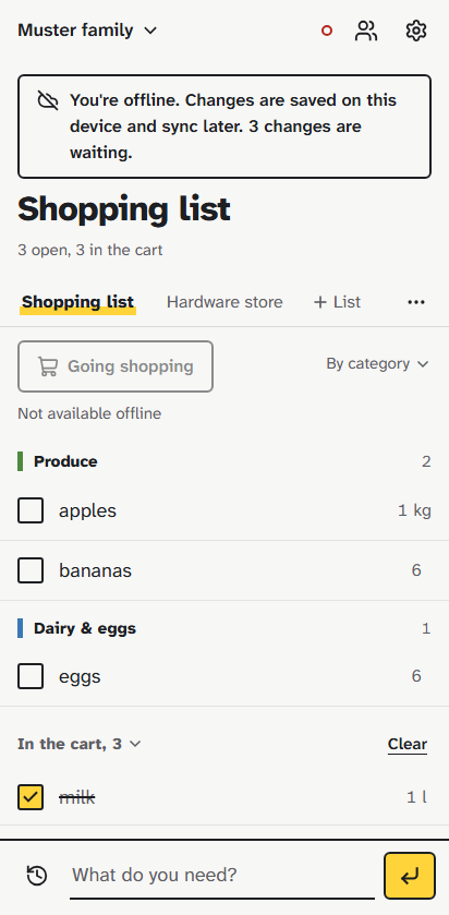 The list while offline, with a banner counting three changes waiting to sync